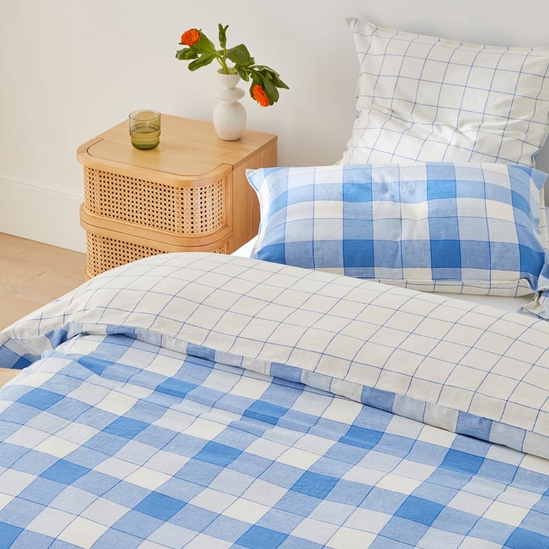 Vintage Washed Linen Cotton French Blue Check Quilt Cover Set + Separates
