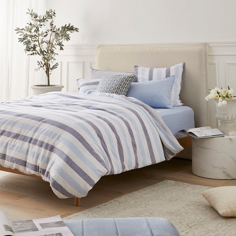 Vintage Washed Linen Cotton Atlantic Stripe Blue Quilt Cover Set + Separates