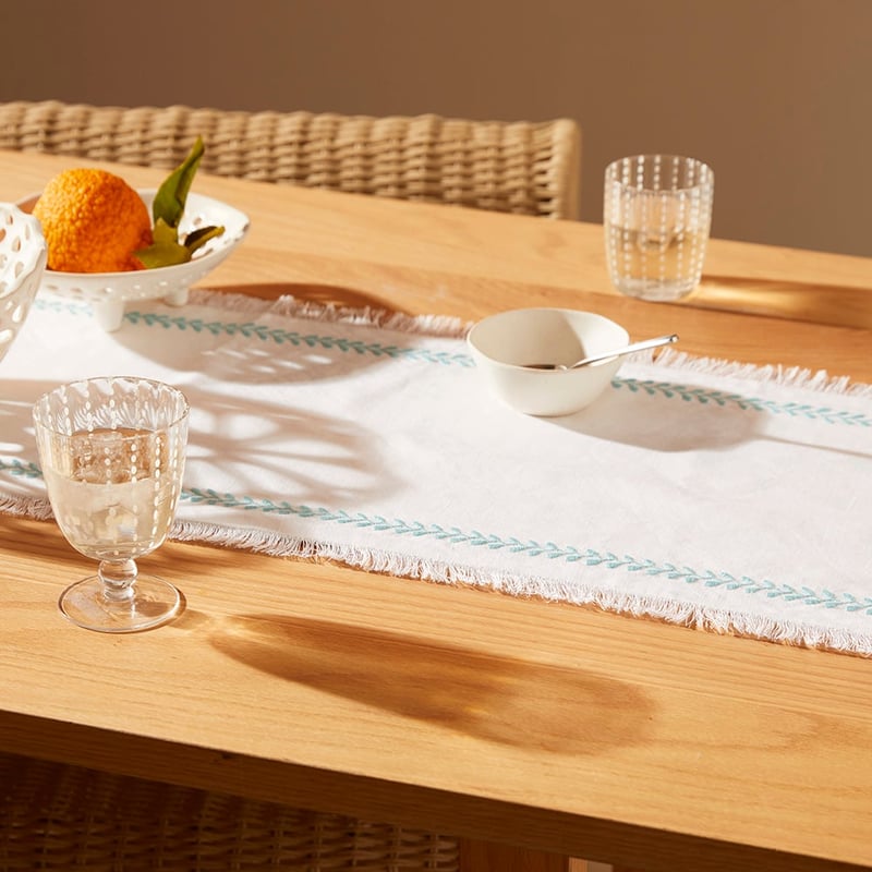 Lola White & Teal Embroidered Table Runner