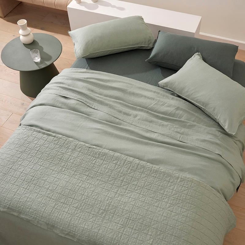 Vintage Washed Linen Eucalyptus Quilted Coverlet Separates