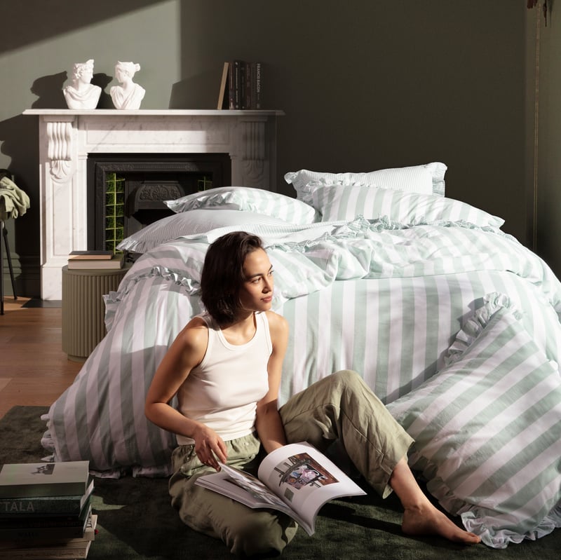 Ruffle Mint Blue Stripe Quilt Cover Set + Separates