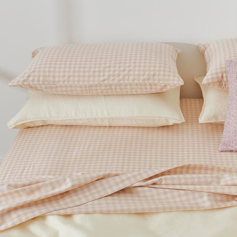 Stonewashed Cotton Printed Dusty Lemon Gingham Sheet Set