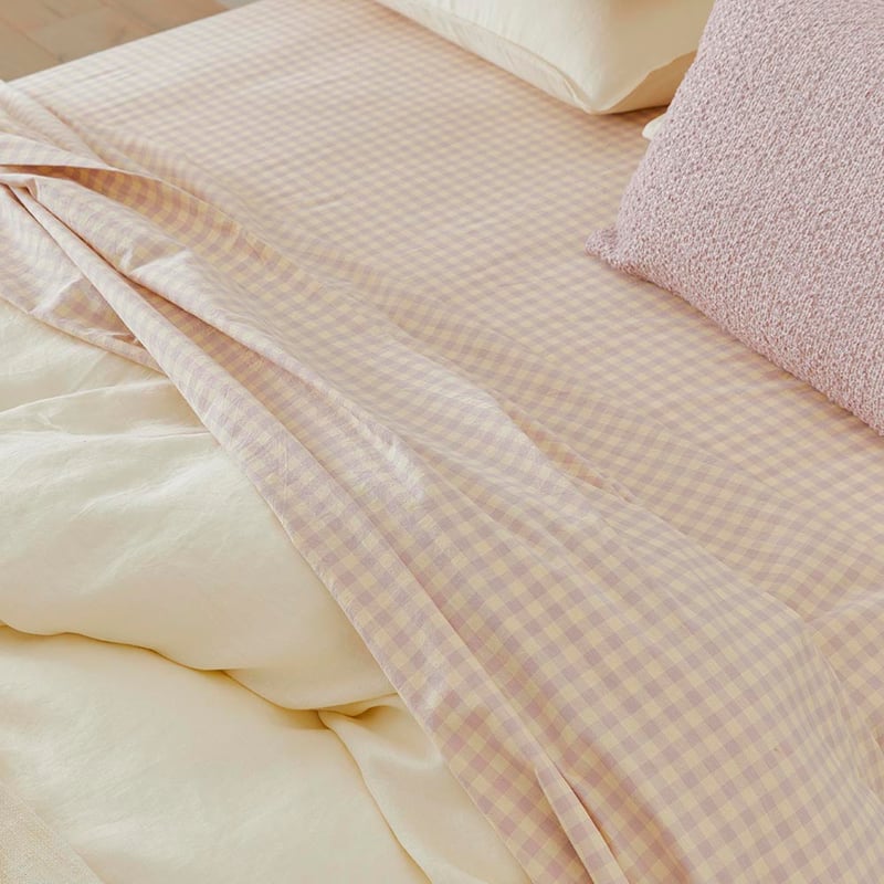 Stonewashed Cotton Printed Dusty Lemon Gingham Sheet Set