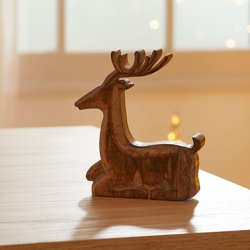 Carved Natural Sitting Timber Reindeer