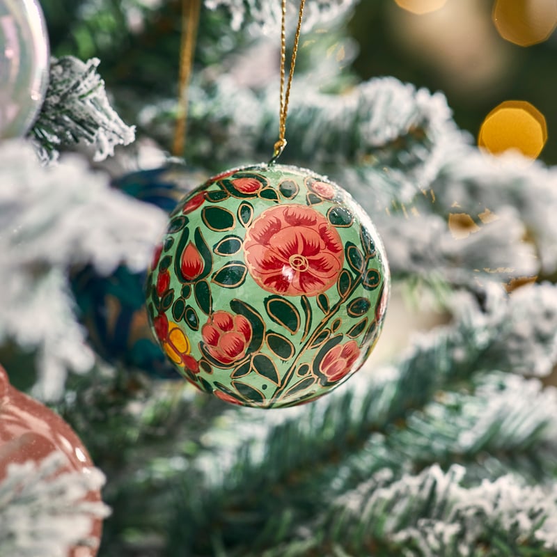 Luxe Green & Red Artisanal Papier Mache Bauble