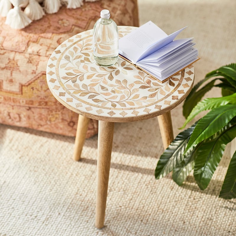 Chennai White & Natural Flora Tripod Side Table 
