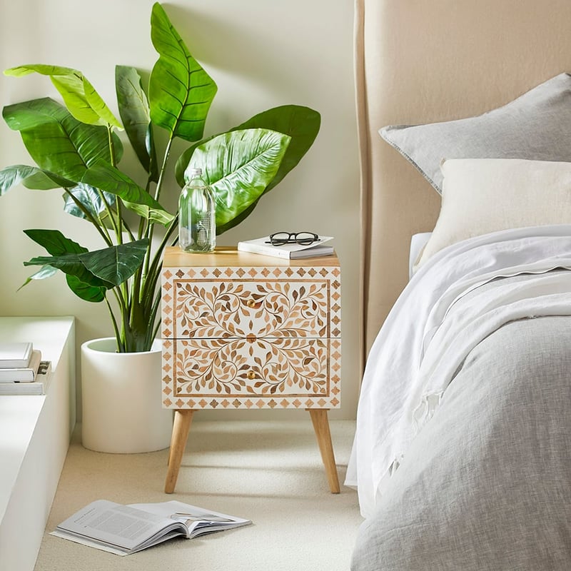 Chennai White & Natural Flora Bedside Table