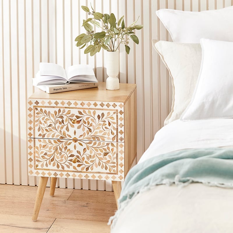 Chennai White & Natural Flora Bedside Table