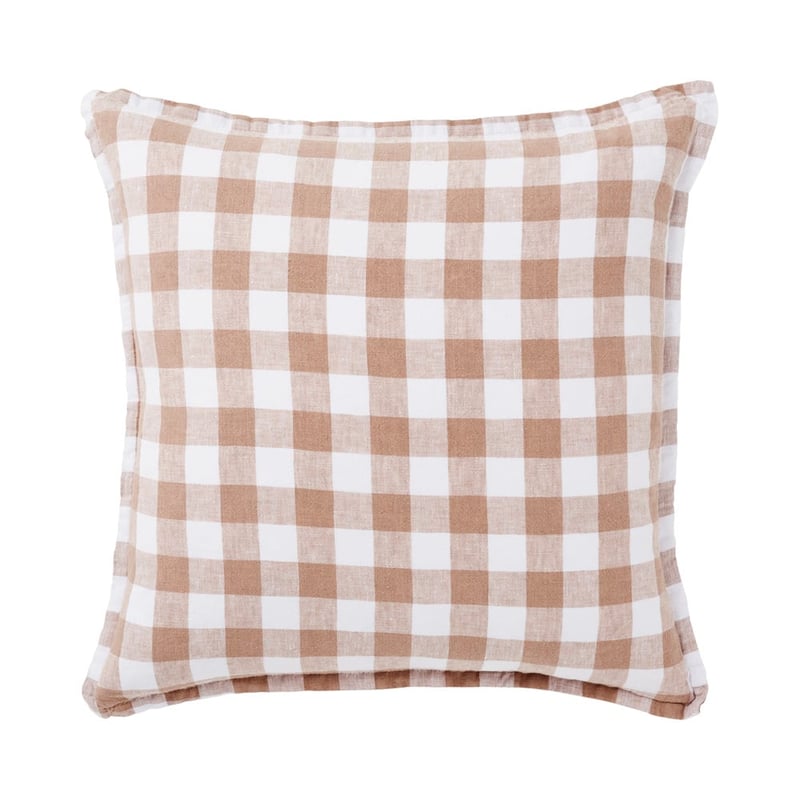 Belgian Hazelnut & White  Check Vintage Washed Linen Cushion