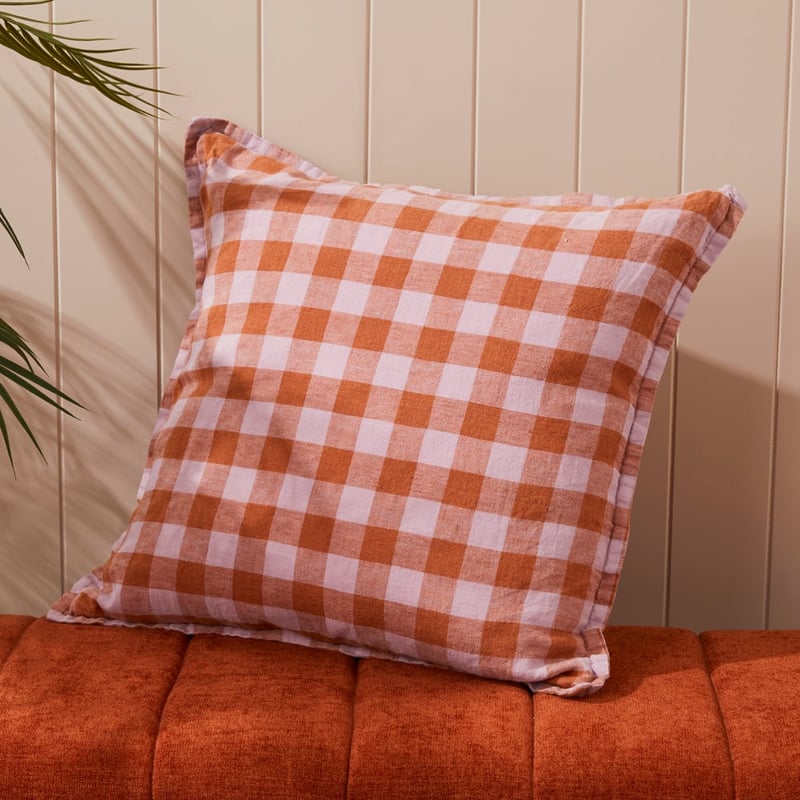 Belgian Check Vintage Washed Linen Lilac & Ginger Check Cushion