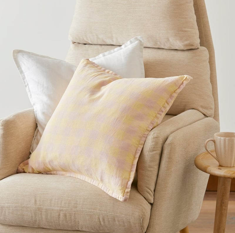 Belgian Nude Pink & Limoncello Check Vintage Washed Linen Cushion