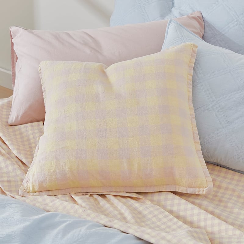 Belgian Nude Pink & Limoncello Check Vintage Washed Linen Cushion