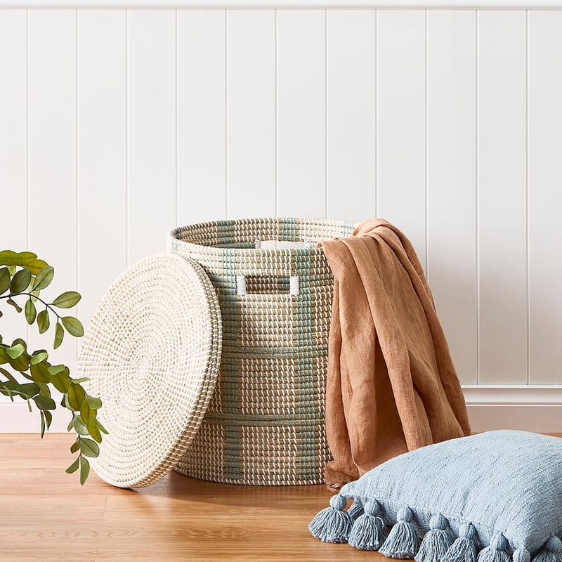 Algiers White & Blue Checks Laundry Basket