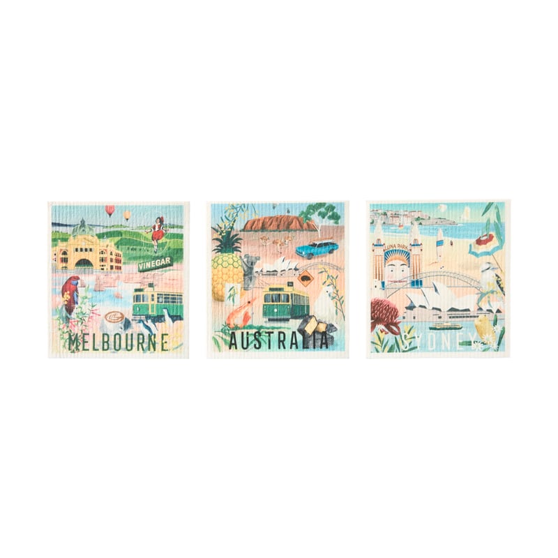  Printed Australiana Pack of 3 Dishcloths