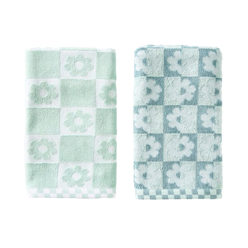 Retro Floral Smoke Blue & Mint Cotton Bamboo Tea Towels Pack of 2