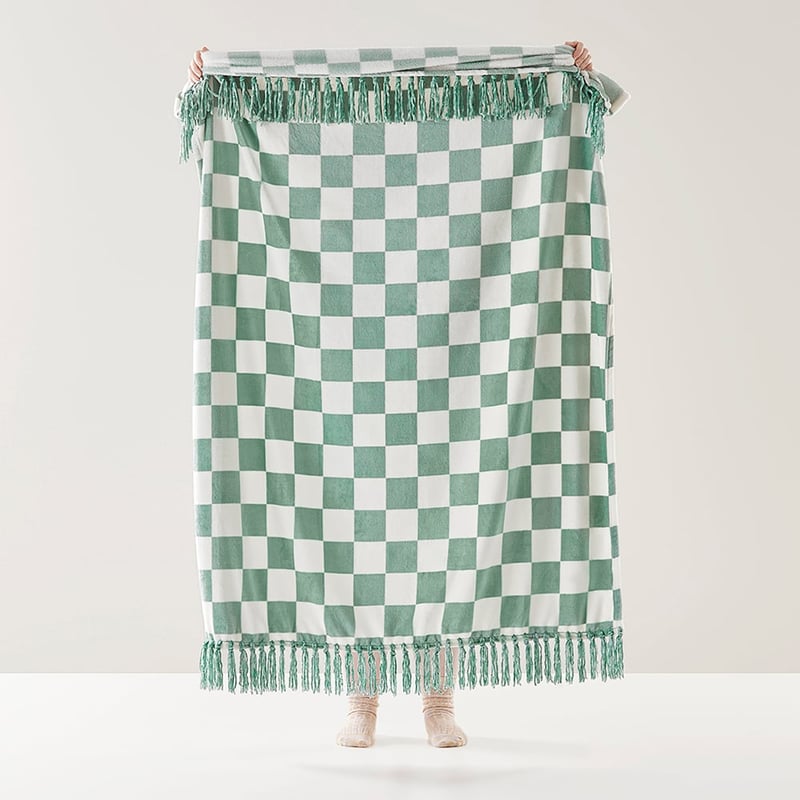 Aspen Sage & Natural Check Fleece Tassel Throw