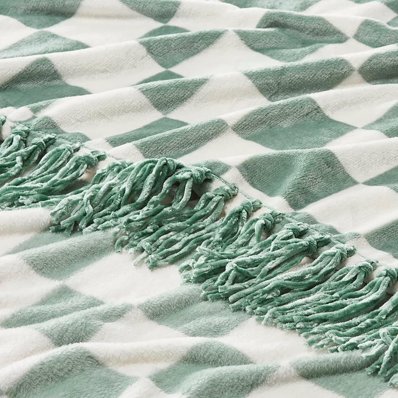 Aspen Sage & Natural Check Fleece Tassel Throw