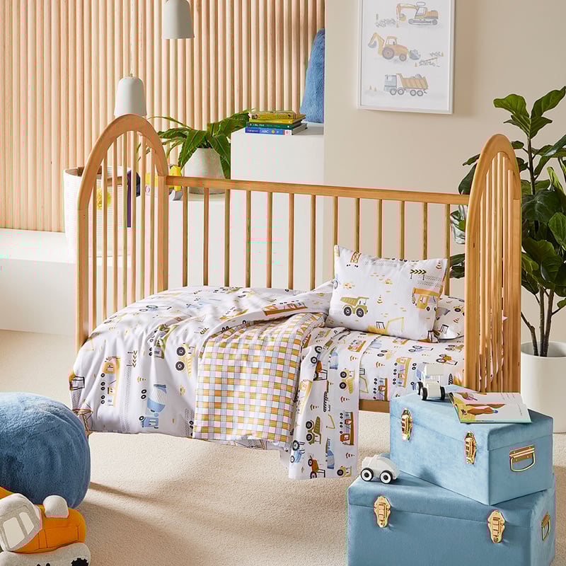 Construction Zone Natural Flannelette Cot Quilt Cover Set