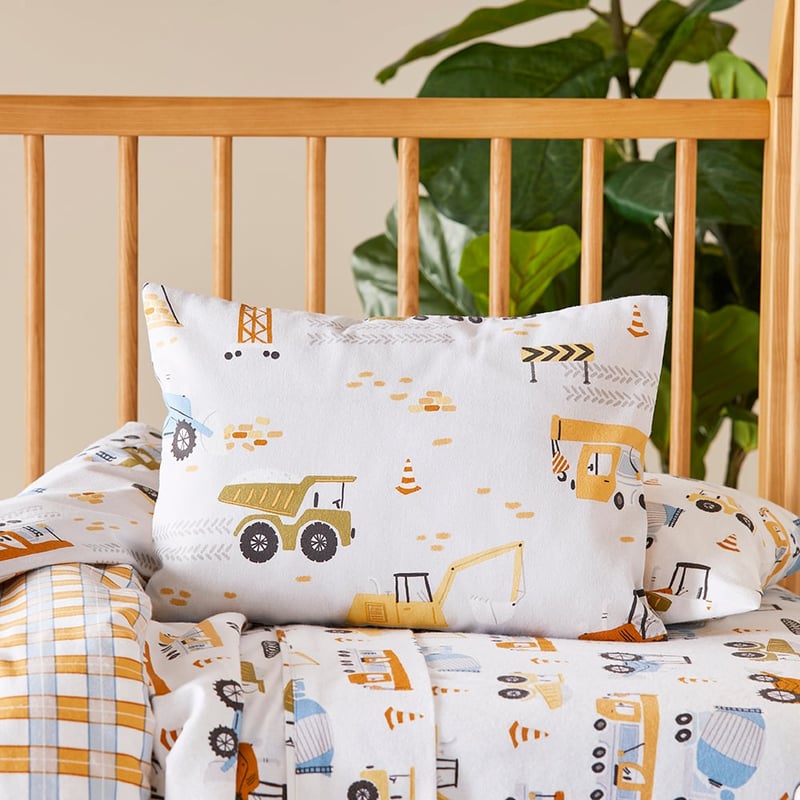 Construction Zone Natural Flannelette Cot Quilt Cover Set