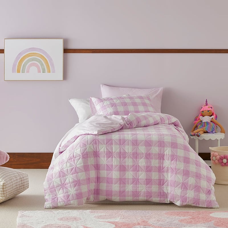 Mickey Gingham Lilac Quilted Quilt Cover Set