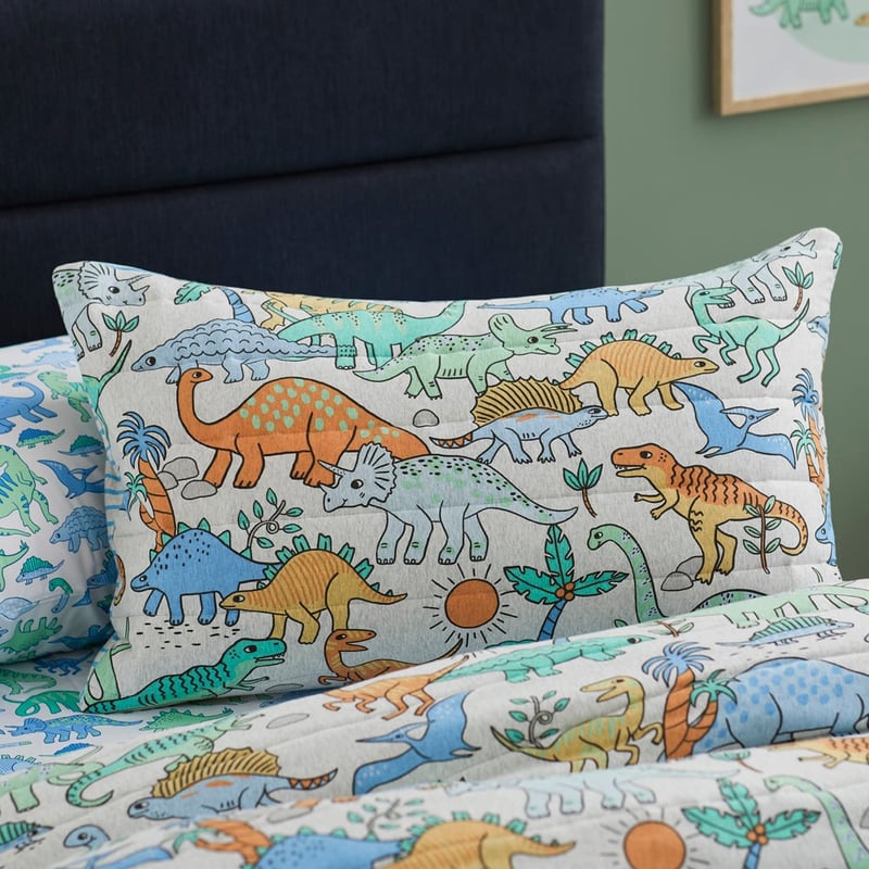 Happy Little Dinos Grey Marle Quilted Jersey Quilt Cover Set