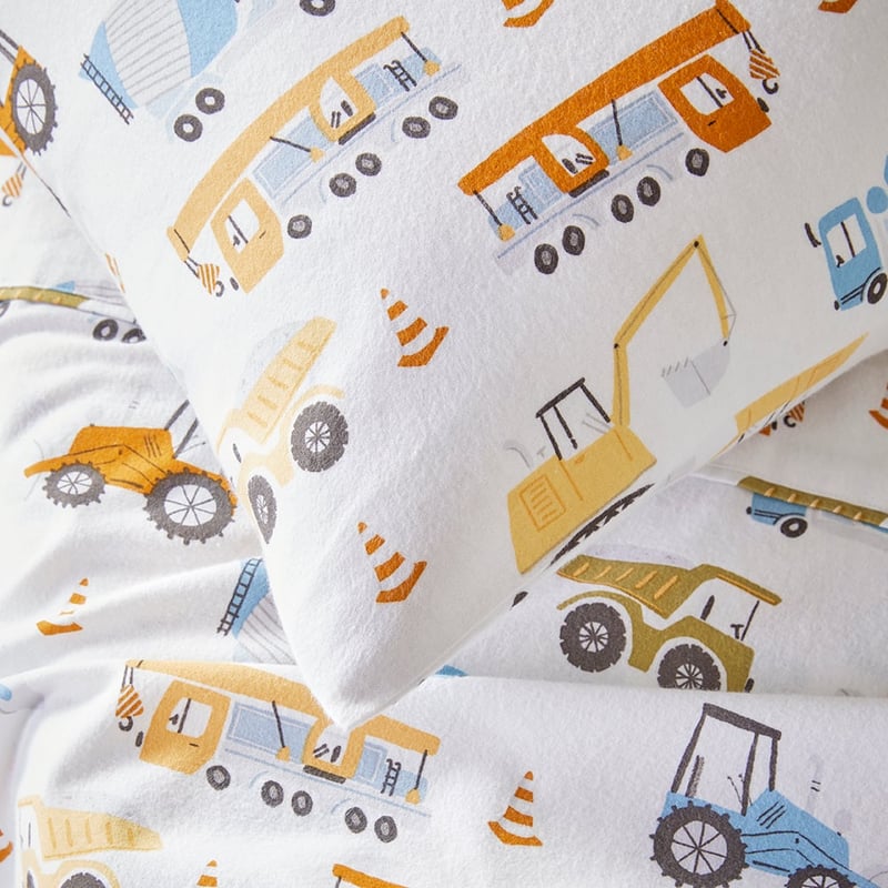 Construction Zone White Flannelette Cot Sheet Set
