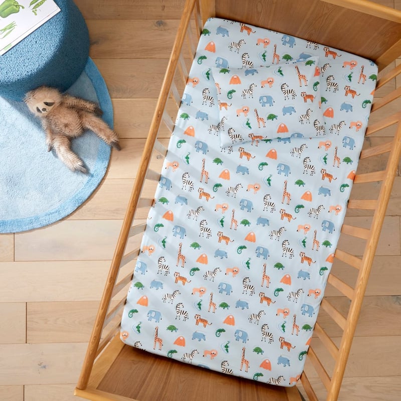 Jungle Adventure Soft Blue Jersey Fitted Cot Sheet Set
