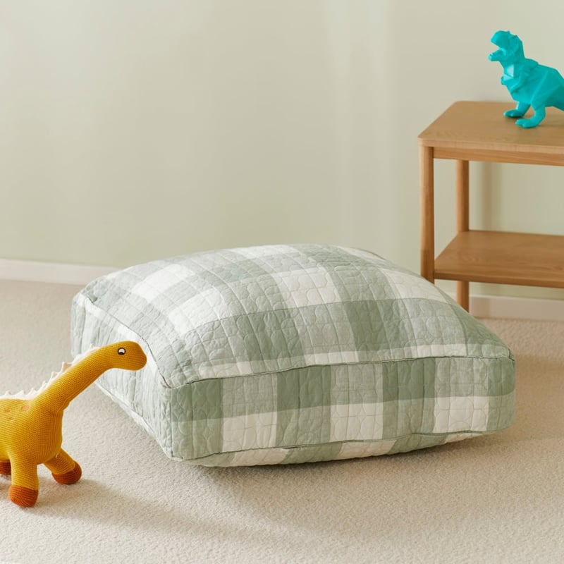 Vintage Washed Linen Eucalyptus Check Floor Cushion