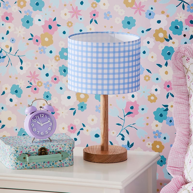 Kids Blue Gingham Bedroom Lamp 