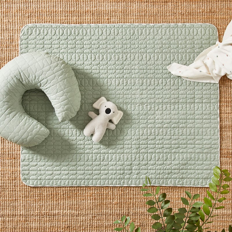 Vintage Washed Linen Eucalyptus Check Quilted Play Mat