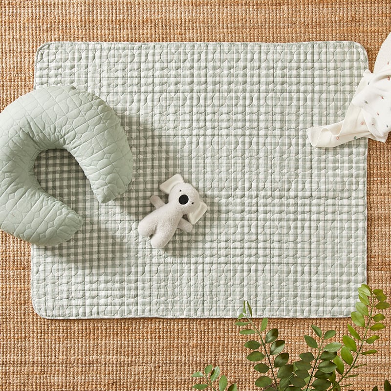 Vintage Washed Linen Eucalyptus Check Quilted Play Mat