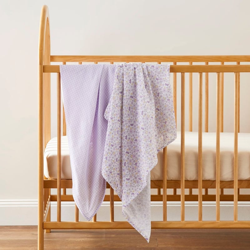 Flower Butterfly Mauve Natural Cotton Muslin Baby Swaddles 2pk