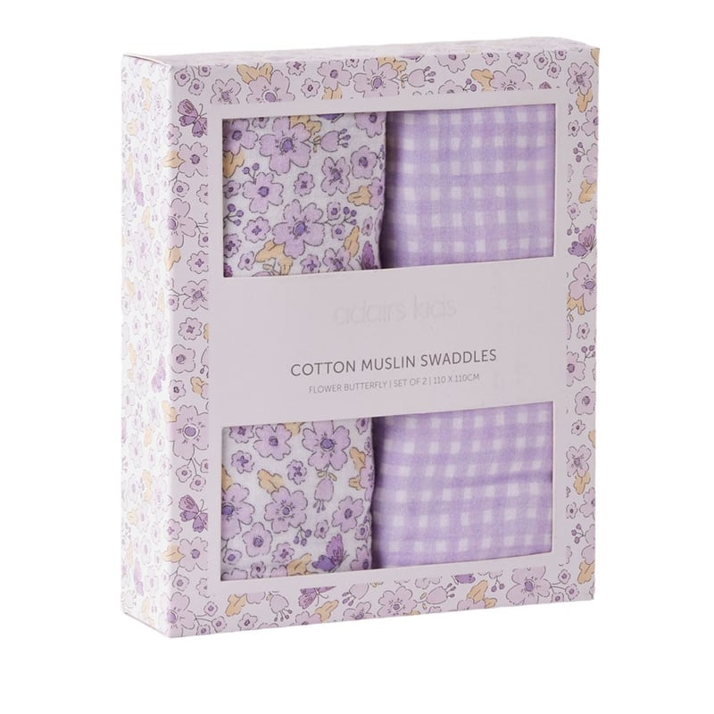 Flower Butterfly Mauve Natural Cotton Muslin Baby Swaddles 2pk
