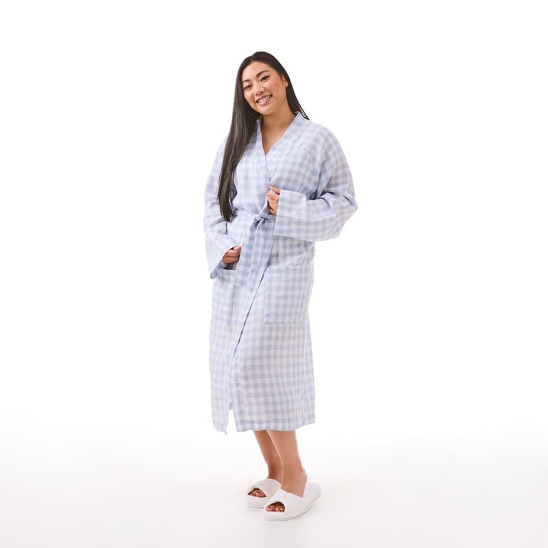 Vintage Washed Linen Dusty Blue Check Robe