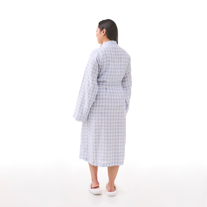 Vintage Washed Linen Dusty Blue Check Robe
