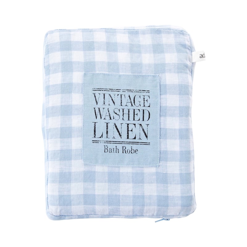 Vintage Washed Linen Dusty Blue Check Robe