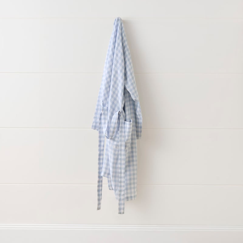 Vintage Washed Linen Dusty Blue Check Robe