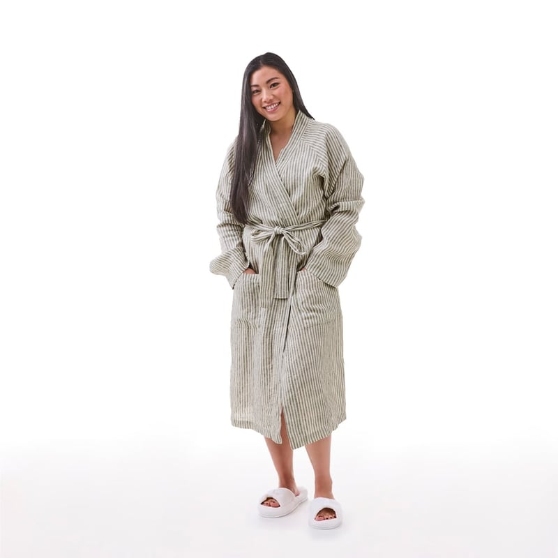Vintage Washed Linen Linen & Cypress Stripe Robe