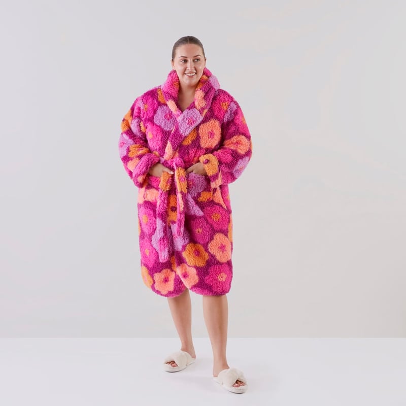 Sherpa Printed Berry Floral Hooded Bathrobe
