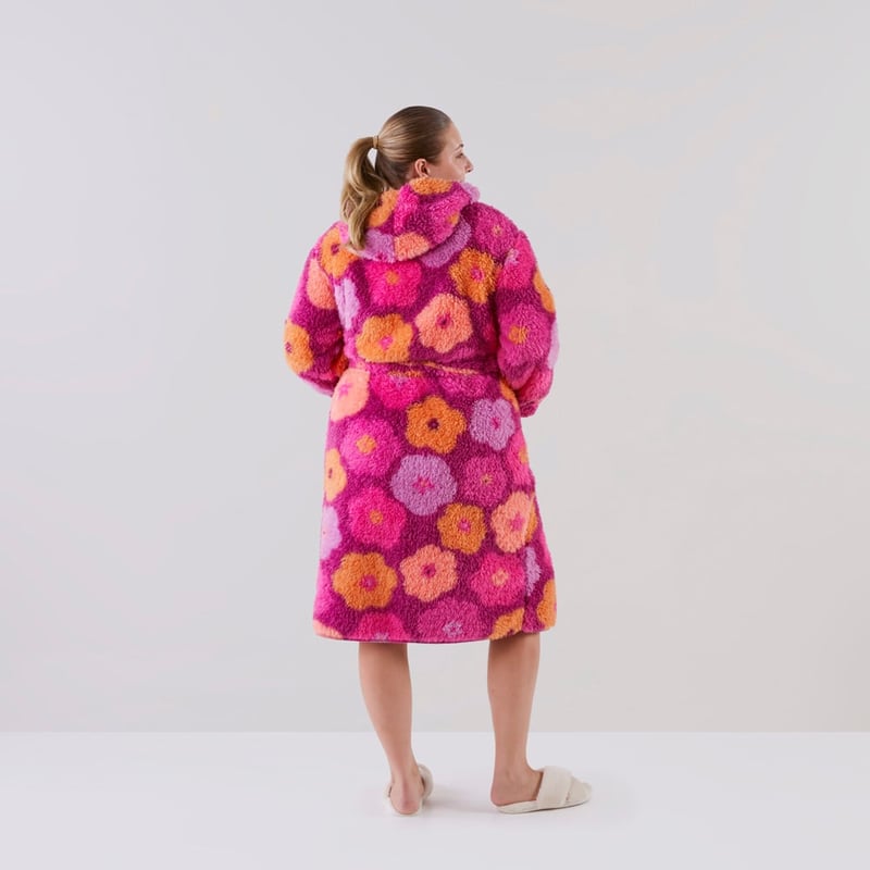 Sherpa Printed Berry Floral Hooded Bathrobe