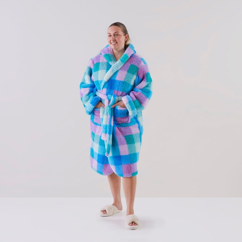Sherpa Printed Jewels Check Hooded Bathrobe