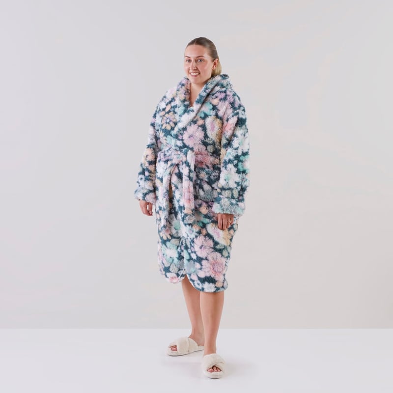 Sherpa Printed Libertine Floral Green Hooded Bathrobe