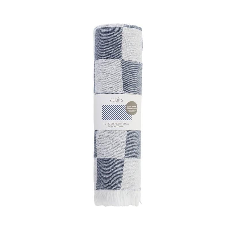 European Blue Check Turkish Peshtemal Beach Towel