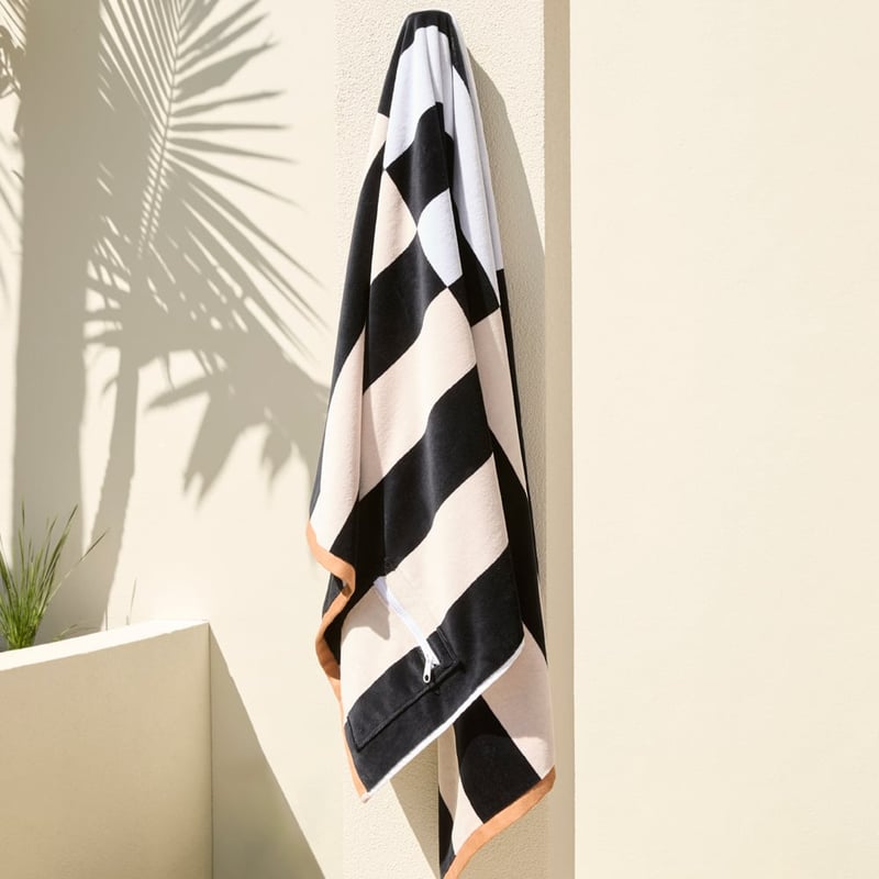 Luxe Black Multi Stripe Velour Pocket Beach Towel