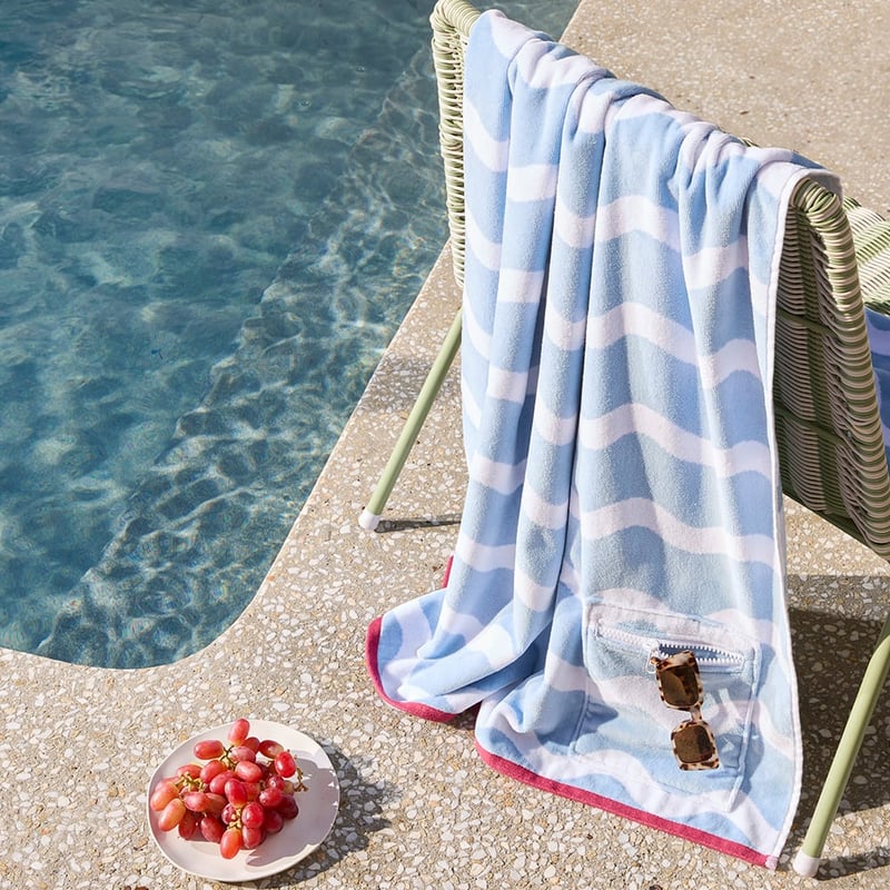 Luxe Chambray Blue & White Wave Velour Pocket Beach Towel