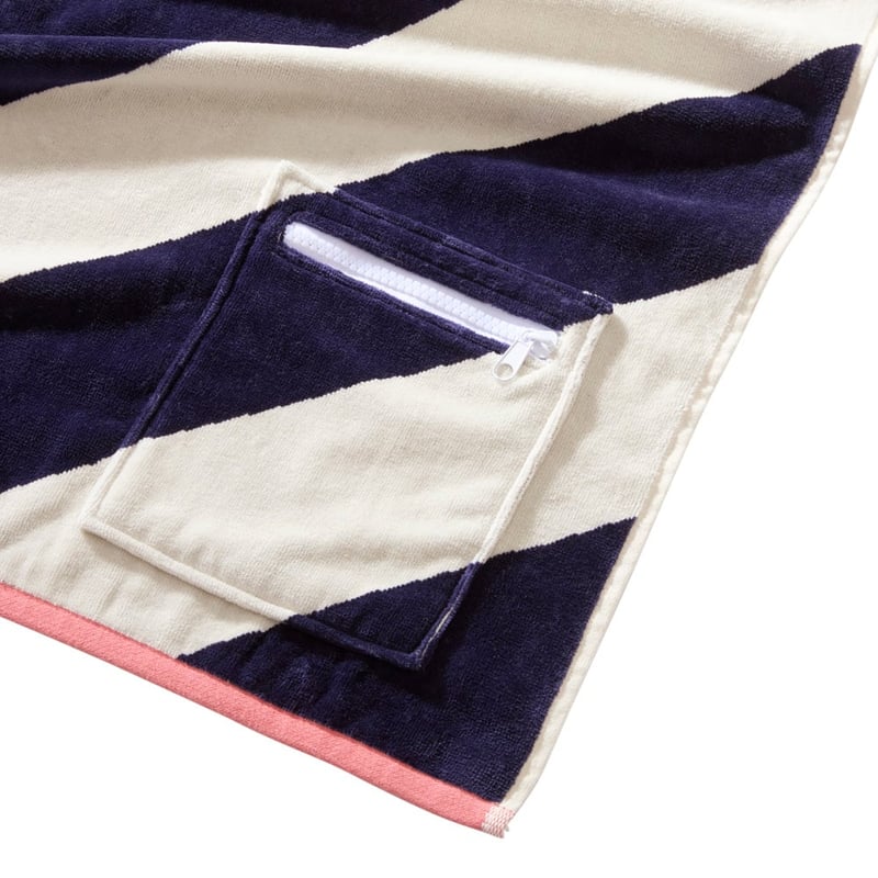 Luxe Navy & Cream Stripe Velour Pocket Beach Towel
