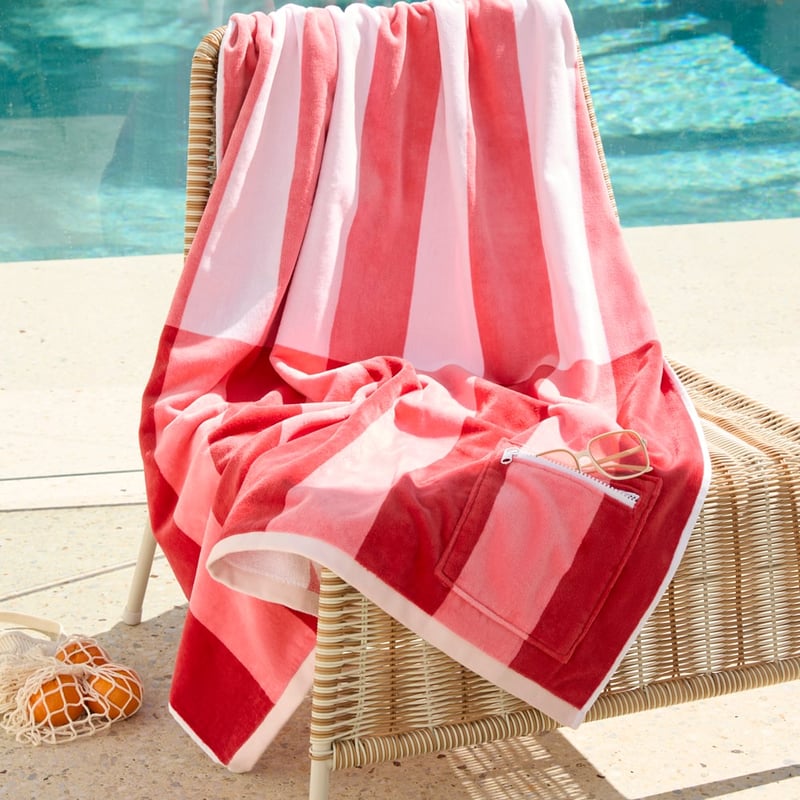 Luxe Pink Multi Stripe Velour Pocket Beach Towel