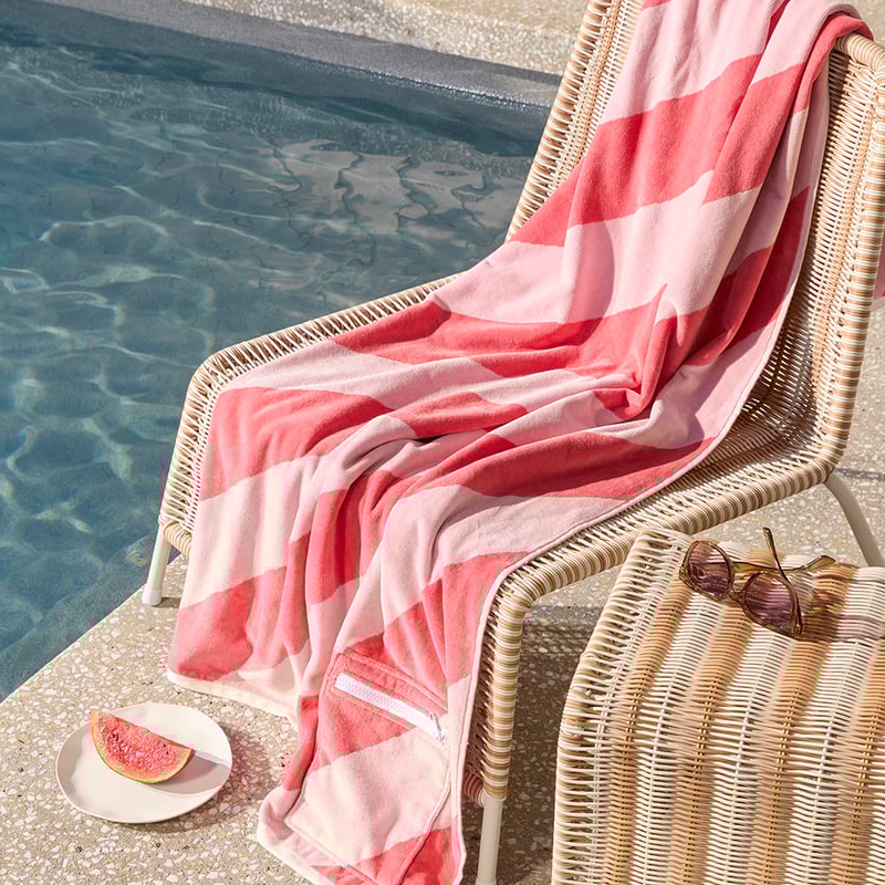 Luxe Strawberry & Pink Stripe Velour Pocket Beach Towel