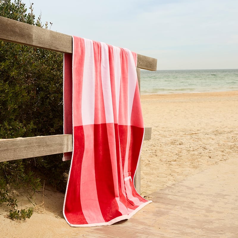 Luxe Pink Multi Stripe Velour Pocket Beach Towel