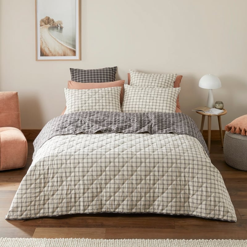 Stonewashed Cotton Charcoal Grid Quilted Coverlet Separates